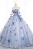 Blue Tulle Long Sleeve Prom Dress, A-Line Off the Shoulder Evening Gown HZ1024
