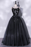 Black Tulle Long A-Line Evening Gown, Black Spaghetti Strap Evening Gown HZ1024