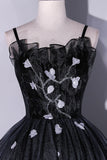 Black Tulle Long A-Line Evening Gown, Black Spaghetti Strap Evening Gown HZ1024
