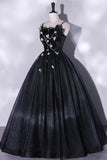 Black Tulle Long A-Line Evening Gown, Black Spaghetti Strap Evening Gown HZ1024