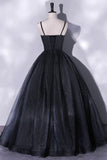 Black Tulle Long A-Line Evening Gown, Black Spaghetti Strap Evening Gown HZ1024