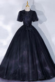 Black Tulle Lace Long A-Line Prom Dress, A-Line Short Sleeve Evening Gown HZ1024