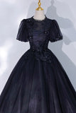 Black Tulle Lace Long A-Line Prom Dress, A-Line Short Sleeve Evening Gown HZ1024
