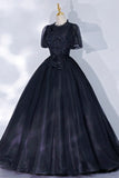 Black Tulle Lace Long A-Line Prom Dress, A-Line Short Sleeve Evening Gown HZ1024