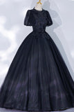 Black Tulle Lace Long A-Line Prom Dress, A-Line Short Sleeve Evening Gown HZ1024