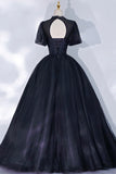 Black Tulle Lace Long A-Line Prom Dress, A-Line Short Sleeve Evening Gown HZ1024