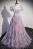 Purple Tulle Sequins Floor Length Prom Dress, A-Line Evening Party Dress HZ1024