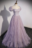 Purple Tulle Sequins Floor Length Prom Dress, A-Line Evening Party Dress HZ1024