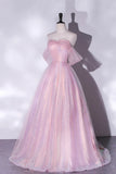 Pink Tulle Sequins Long Prom Dress, A-Line Formal Graduation Dress HZ1024