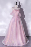 Pink Tulle Sequins Long Prom Dress, A-Line Formal Graduation Dress HZ1024