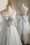 Gray Tulle Short A-Line Prom Dress, Cute Evening Party Dress HZ1024