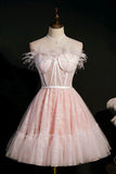 Pink Strapless Lace Short Prom Dress, A-Line Party Dress with Feather HZ1024