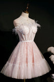 Pink Strapless Lace Short Prom Dress, A-Line Party Dress with Feather HZ1024