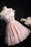 Pink Strapless Lace Short Prom Dress, A-Line Party Dress with Feather HZ1024