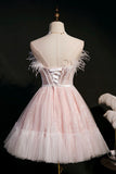 Pink Strapless Lace Short Prom Dress, A-Line Party Dress with Feather HZ1024