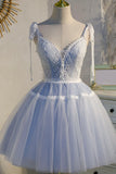 Blue Lace Short A-Line Prom Dress, Cute Spaghetti Strap Party Dress HZ1024