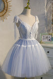 Blue Lace Short A-Line Prom Dress, Cute Spaghetti Strap Party Dress HZ1024