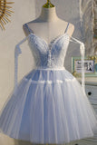 Blue Lace Short A-Line Prom Dress, Cute Spaghetti Strap Party Dress HZ1024