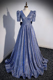 Blue Long A-Line Prom Dress, Simple V-Neck Short Sleeve Evening Dress HZ1024