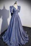 Blue Long A-Line Prom Dress, Simple V-Neck Short Sleeve Evening Dress HZ1024
