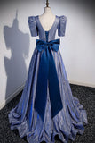 Blue Long A-Line Prom Dress, Simple V-Neck Short Sleeve Evening Dress HZ1024