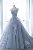 Blue Tulle Lace Long Prom Dress, A-Line Strapless Evening Gown HZ1024