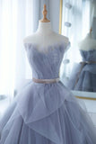Blue Tulle Lace Long Prom Dress, A-Line Strapless Evening Gown HZ1024