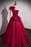 Burgundy Satin Long Prom Dress, One Shoulder Evening Dress with Bow HZ1024