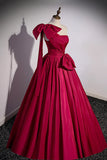 Burgundy Satin Long Prom Dress, One Shoulder Evening Dress with Bow HZ1024