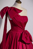 Burgundy Satin Long Prom Dress, One Shoulder Evening Dress with Bow HZ1024
