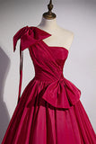 Burgundy Satin Long Prom Dress, One Shoulder Evening Dress with Bow HZ1024