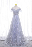 A-Line Tulle Sequins Long Prom Dress, Off the Shoulder Evening Party Dress HZ1024