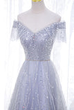 A-Line Tulle Sequins Long Prom Dress, Off the Shoulder Evening Party Dress HZ1024