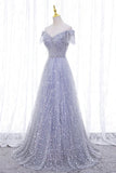 A-Line Tulle Sequins Long Prom Dress, Off the Shoulder Evening Party Dress HZ1024