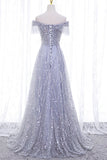 A-Line Tulle Sequins Long Prom Dress, Off the Shoulder Evening Party Dress HZ1024