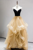 Black Straps V-Neck Layers Tulle Long Party Dresses, Glam Prom Dresses HZ1024