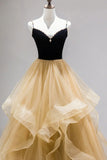 Black Straps V-Neck Layers Tulle Long Party Dresses, Glam Prom Dresses HZ1024