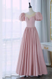 Pink Satin Long A-Line Prom Dress, Cute Short Sleeve Evening Dress HZ1024