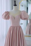 Pink Satin Long A-Line Prom Dress, Cute Short Sleeve Evening Dress HZ1024