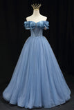 Blue Tulle Beaded Long Prom Dress, Elegant A-Line Blue Evening Dress HZ1024