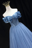 Blue Tulle Beaded Long Prom Dress, Elegant A-Line Blue Evening Dress HZ1024