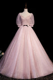 Pink V-Neck Tulle Long Prom Dress, A-Line Short Sleeves Evening Dress HZ1024