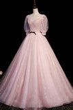 Pink V-Neck Tulle Long Prom Dress, A-Line Short Sleeves Evening Dress HZ1024