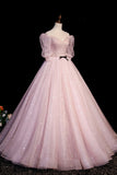 Pink V-Neck Tulle Long Prom Dress, A-Line Short Sleeves Evening Dress HZ1024