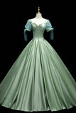 Green Satin Long A-Line Ball Gown, Green Short Sleeve Evening Gown HZ1024
