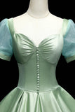 Green Satin Long A-Line Ball Gown, Green Short Sleeve Evening Gown HZ1024