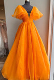 Orange Organza Long A-Line Prom Dress, Beautiful V-Neck Evening Dress HZ1024