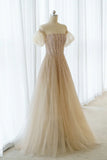 A-Line Tulle Beaded Long Prom Dress, Champagne Short Sleeve Evening Dress HZ1024