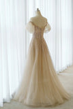 A-Line Tulle Beaded Long Prom Dress, Champagne Short Sleeve Evening Dress HZ1024