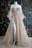 Champagne Tulle Long Prom Dress, Off the Shoulder Evening Dress with Stars HZ1024